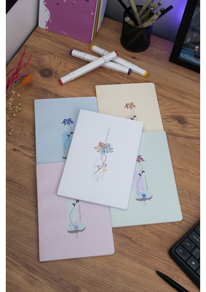 Minimal Çiçekler 5'li Defter Seti - Çizgisiz - Her Biri 56 Sayfa - 14X20CM - Iplik Dikişli Cilt