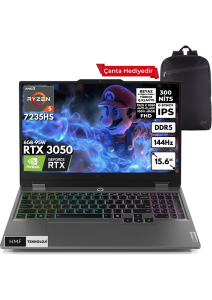 Loq Ryzen 5-7235HS 64-Gbddr5 4 Tbssd RTX3050 (6GB-95W) 15.6" Fhd Freedos + Hmf Sırt Çantası 83JC000PTRHMFC14
