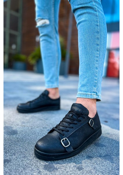 J191 Side Buckle Ortopedik Taban Günlük Cilt Erkek Sneaker Spor Ayakkabı Cst Siyah modelleri