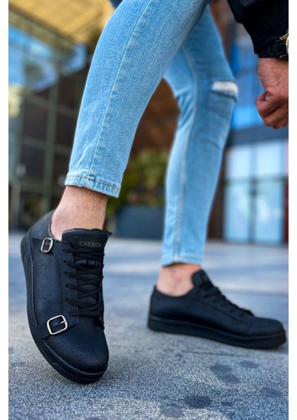 J191 Side Buckle Ortopedik Taban Günlük Cilt Erkek Sneaker Spor Ayakkabı Cst Siyah indirimleri