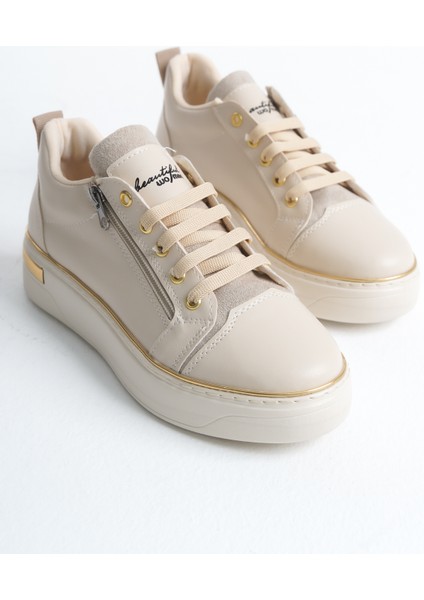 Dına Bağcıklı Fermuarlı Ortopedik Taban Kadın Sneaker Spor Ayakkabı - Kt Krem/altın