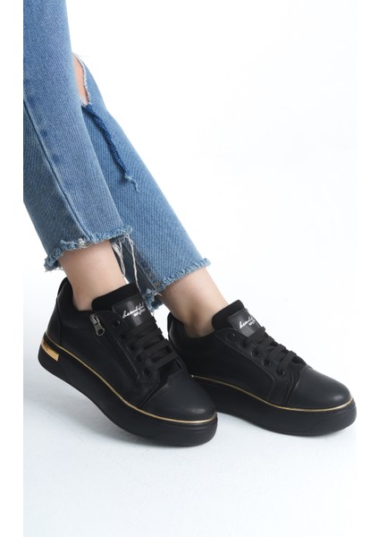 Dına Bağcıklı Fermuarlı Ortopedik Taban Kadın Sneaker Spor Ayakkabı - St Siyah/altın modelleri