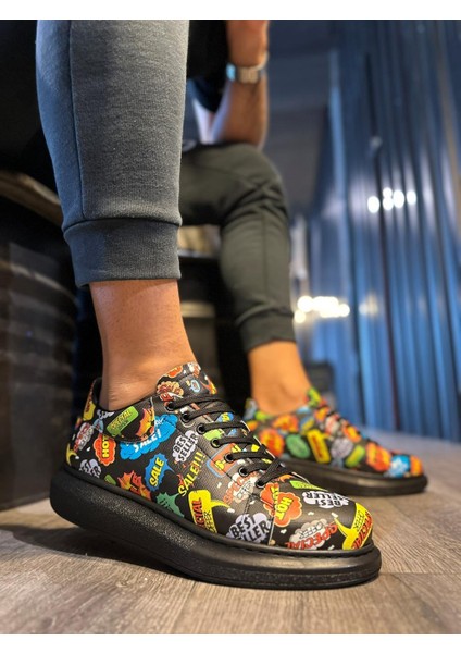 J046 Bağcıklı Ortopedik Taban Renkli Hot Baskılı Erkek Günlük Sneaker Spor Ayakkabı St Siyah