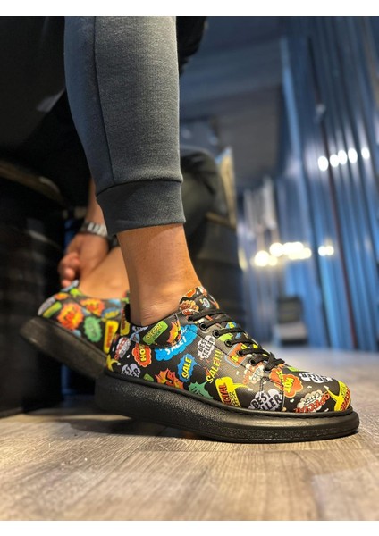 J046 Bağcıklı Ortopedik Taban Renkli Hot Baskılı Erkek Günlük Sneaker Spor Ayakkabı St Siyah fiyatları