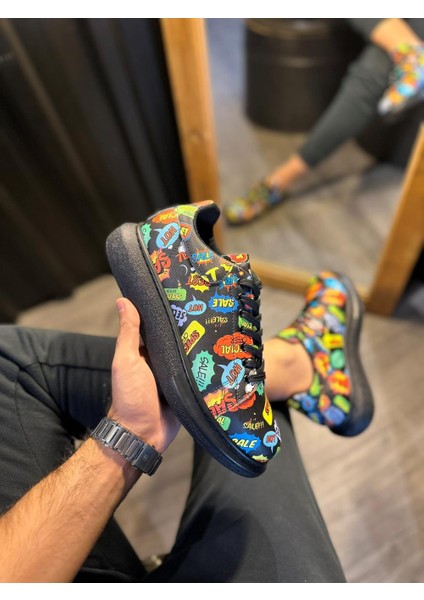 J046 Bağcıklı Ortopedik Taban Renkli Hot Baskılı Erkek Günlük Sneaker Spor Ayakkabı St Siyah modelleri