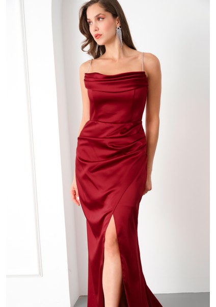 Kadın Bordo Taş Askılı Uzun Söz Nişan Abiye Elbise fiyatları