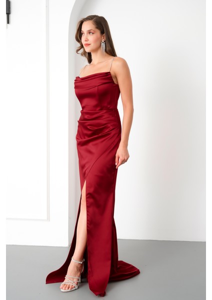 Kadın Bordo Taş Askılı Uzun Söz Nişan Abiye Elbise modelleri