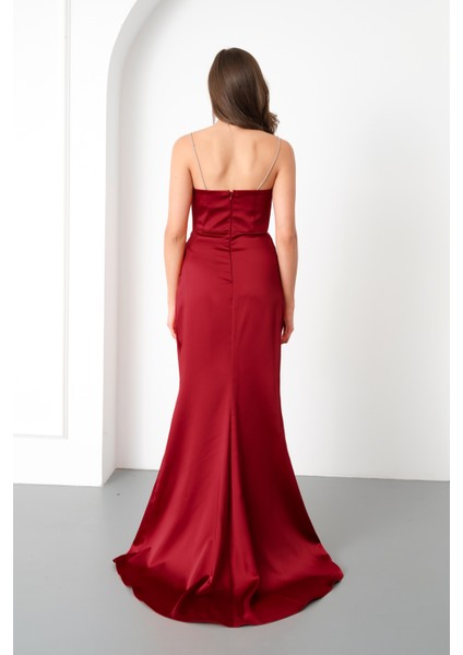 Kadın Bordo Taş Askılı Uzun Söz Nişan Abiye Elbise indirimleri