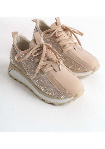 Alya Bağcıklı Ortopedik Taban Taşlı Kadın Sneaker Spor Ayakkabı Bt - Krem