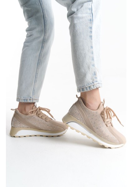 Alya Bağcıklı Ortopedik Taban Taşlı Kadın Sneaker Spor Ayakkabı Bt - Krem fırsatları