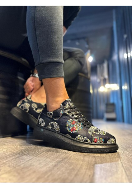 J046 Bağcıklı Ortopedik Taban Renkli Kurukafa Baskılı Erkek Günlük Sneaker Spor Ayakkabı St Siyah fiyatları