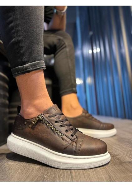 J555 Bağcıklı Fermuarlı Ortopedik Taban Erkek Günlük Sneaker Spor Ayakkabı Bt Mat Kahverengi
