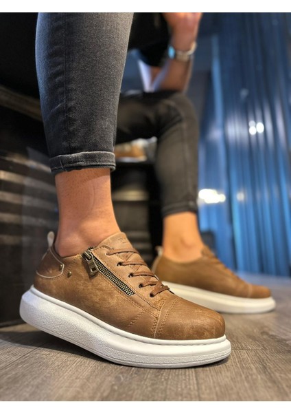 J555 Bağcıklı Fermuarlı Ortopedik Taban Erkek Günlük Sneaker Spor Ayakkabı Bt Mat Taba