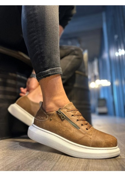 J555 Bağcıklı Fermuarlı Ortopedik Taban Erkek Günlük Sneaker Spor Ayakkabı Bt Mat Taba modelleri