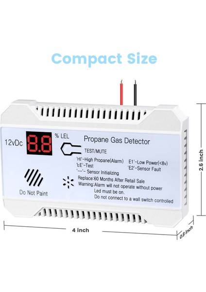 Rv Propan Gaz Dedektörü 85DB Yüksek Sesle Alarm Dc 12V, Mini Kompakt Tasarım Rv Propan Alarmı Römork, Karavan, Motorcoach Dijital Ekran Beyaz (Yurt Dışından)