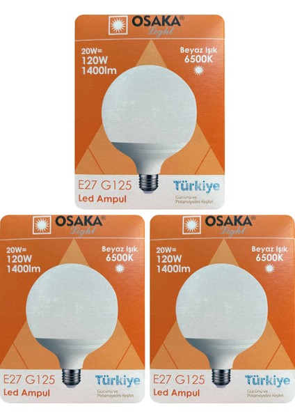 (3 Adet) 20W (120W) 6500K (Beyaz Işık) E27 Duylu (Kalın Duy) Glop LED Ampul