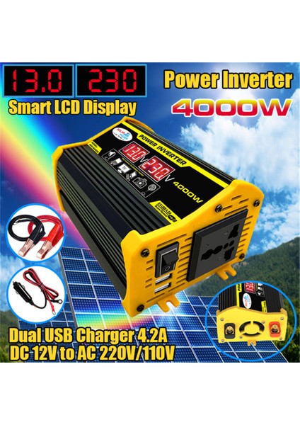 Taşınabilir Invertör Araba Güç Çeviriciler DC12VOLT To AC110 / 220VOLT Trafo 4000W Modifiye Dalga Invertör Çift Usb'li LED Ekran Otomatik Invertörler (Yurt Dışından)