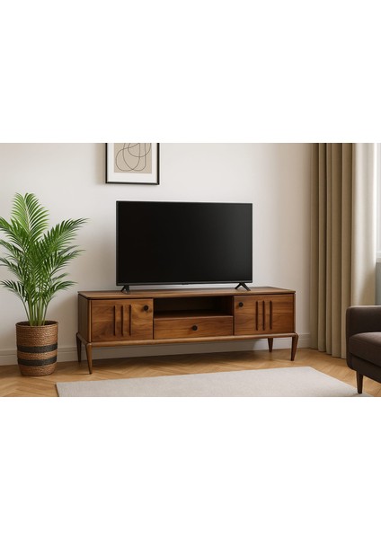 Milas Tv Ünitesi Çekmeceli ve 2 Kapaklı Ceviz Kaplama Lake Boyalı
