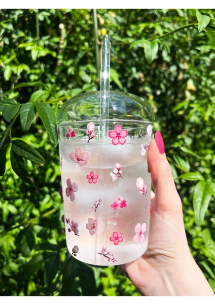 Isıya Dayanıklı Borosilikat Cam Kapaklı Pipetli Kahve Sunum Bardağı, Pembe