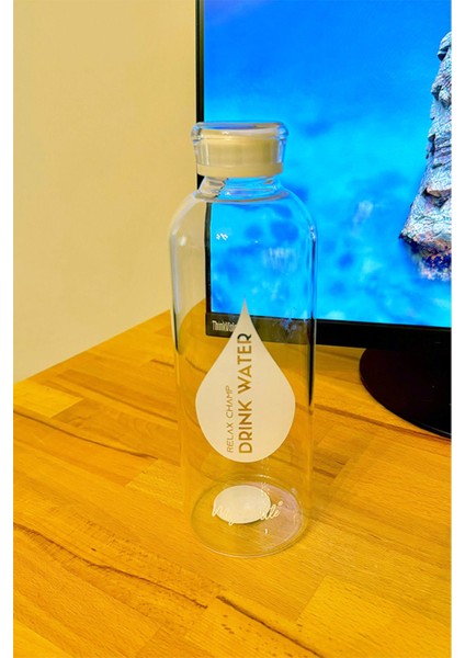 Borosilikat Cam Matara 1000 ml Su Şişesi Sporcu Motivasyon Suluk Beyaz