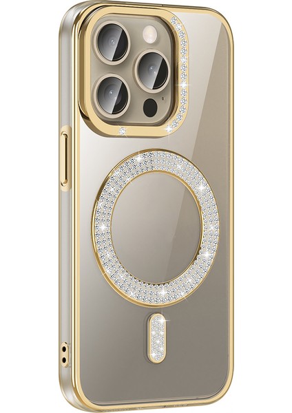 Apple iPhone 15 Pro Max Uyumlu Kılıf Pırlanta Taş Tasarımlı M-Safe Şarj Özellikli Zore Karetta Silikon Kapak