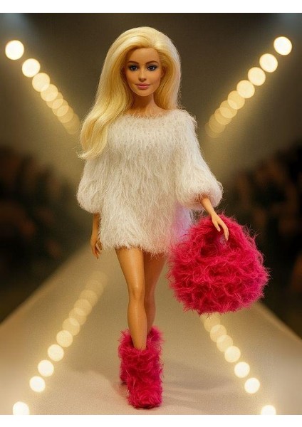 Barbie Bebek Için El Örgüsü Tüylü Kazak, Çanta ve Çizme Set (Barbie Bebek Dahil Değildir)