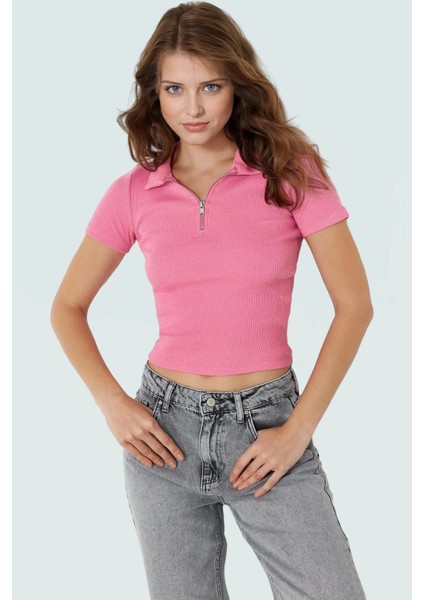 Kısa Kollu Polo Yaka Fermuarlı Örme Bluz Yazlık Rahat Kombin ve Şık Günlük Kullanım Için