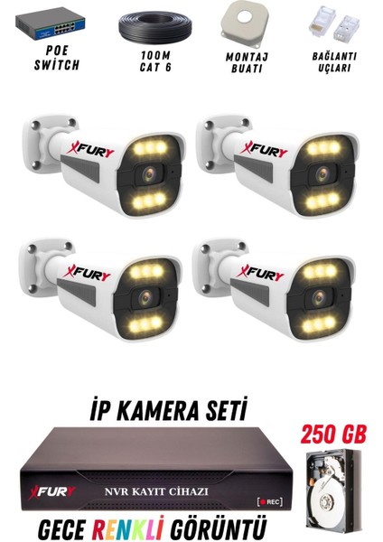 4 Kameralı Ip Güvenlik Kamerası Seti 4mp Gece Renkli Su Geçirmez 1506 250GB