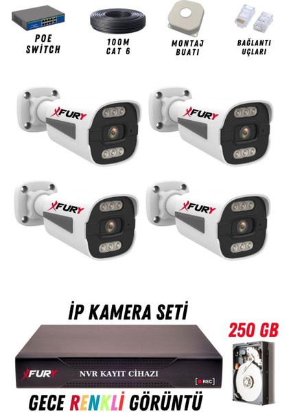 4 Kameralı Ip Güvenlik Kamerası Seti 4mp Gece Renkli Su Geçirmez 1506 250GB fiyatları