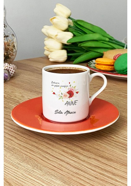 Kişiye Özel Bahar Çiçeği Temalı Turuncu Kahve Fincanı