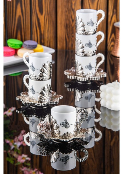 6 Kişilik Tuğralı Kahve Seti, Gri, Şık ve Zarif Tasarım