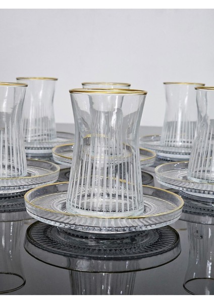 Şık 12'li Gold Yaldızlı Çay Takımı, Elysia Tabaklı, Beyaz Tasarım