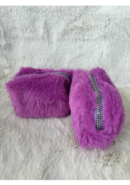 Mor Peluş Mini Makyaj ve Para Çantası Seti, Şık ve Kullanışlı Iki Parçalı Ürün