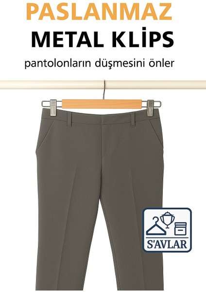 Savlar Paslanmaz Metal Klipsli Ahşap Pantolon ve Etek Askısı - 10'lu Set