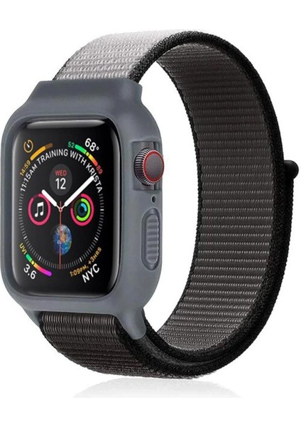 Apple Watch 38MM Hasırlı Cırtcırtlı Kasalı Kordon - Siyah-Gri - NEONX8173-5376