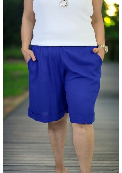 Pamuklu Viskon Kumaş Cepli Beli Lastikli Duble Paça Büyük Beden Şort. fiyatları