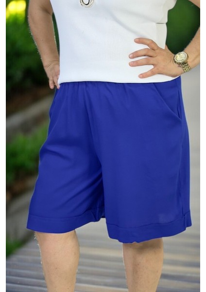 Pamuklu Viskon Kumaş Cepli Beli Lastikli Duble Paça Büyük Beden Şort. modelleri