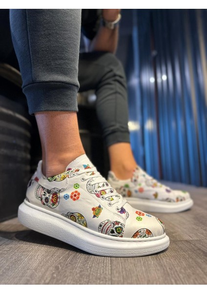 J046 Bağcıklı Ortopedik Taban Renkli Kurukafa Baskılı Erkek Günlük Sneaker Spor Ayakkabı Bt Beyaz
