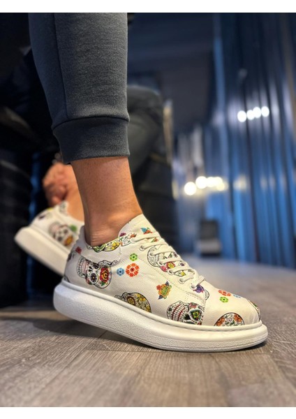 J046 Bağcıklı Ortopedik Taban Renkli Kurukafa Baskılı Erkek Günlük Sneaker Spor Ayakkabı Bt Beyaz modelleri