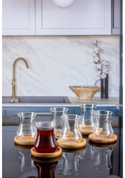 6'lı Bambu Tabaklı Cam Kulplu Düz Çay Bardağı Seti, Beyaz, Şık ve Dayanıklı