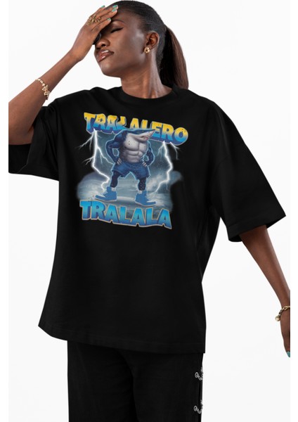 Unisex Tralalero Tralala Baskılı T-Shirt, Oversize Tung Tung Tung Sahur Temalı Bisiklet Yaka Tişört modelleri