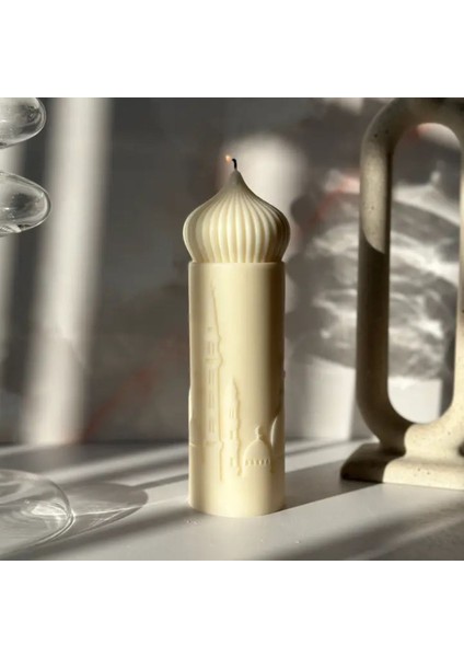 Dekoratif Camii Motifli Silindir Mum %100 Doğal -Krem Açık Renk