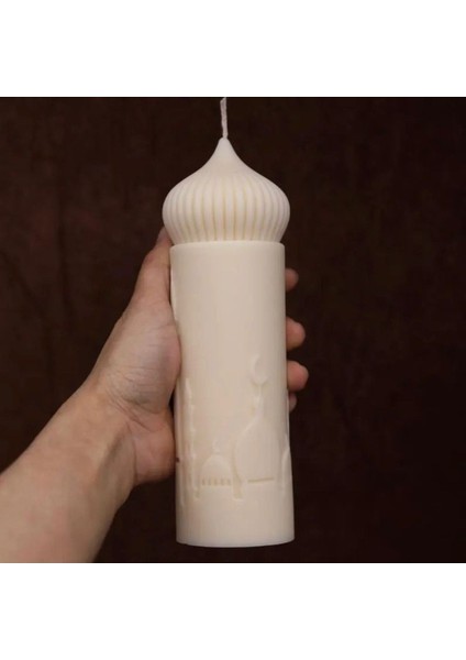 Dekoratif Camii Motifli Silindir Mum %100 Doğal -Krem Açık Renk