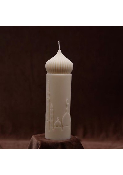 Dekoratif Camii Motifli Silindir Mum %100 Doğal -Krem Açık Renk