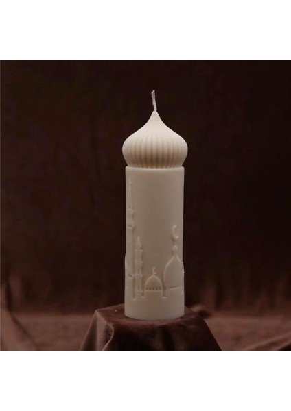Dekoratif Camii Motifli Silindir Mum %100 Doğal -Krem Açık Renk