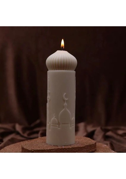 Dekoratif Camii Motifli Silindir Mum %100 Doğal -Krem Açık Renk