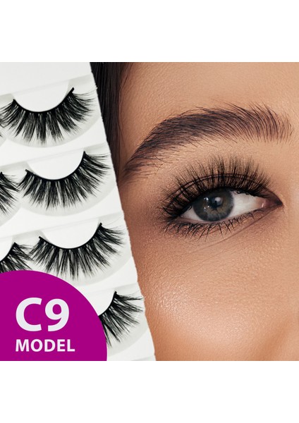 Doğal Görünümlü İpek Bütün 5li Takma Kirpik Seti- 5 Çift Gerçek Takma Kirpik- Model: C9