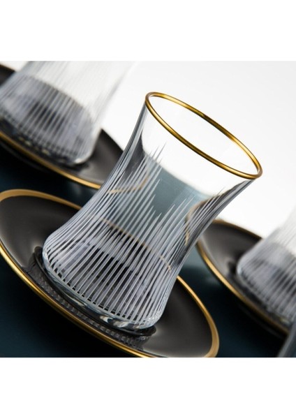 El Yapımı Gold Yaldızlı Siyah Lazer Çizimli 12 Parçalık 6 Kişilik Tabak Seti