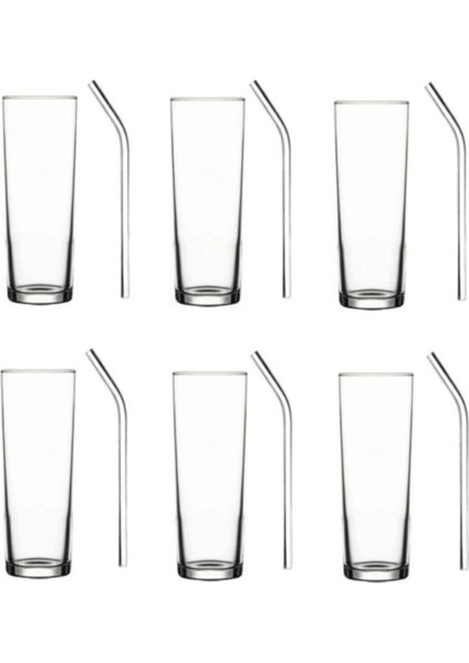 Şık 12'li Cam Bardak ve Eğimli Pipet Seti, 6 Adetli Paket, Beyaz Renk