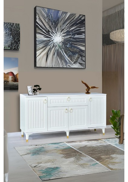 Arya Konsol 4 Kapaklı 1 Çekmeceli Beyaz Gold Detaylı 160x80x44 Cm